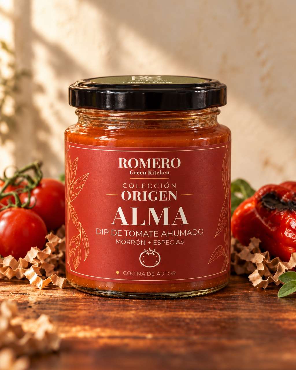 Frasco de Alma, dip de tomate ahumado con morrón y especias, con etiqueta roja de Romero Colección Origen y tapa negra, junto a tomates cherry y un pimiento asado.