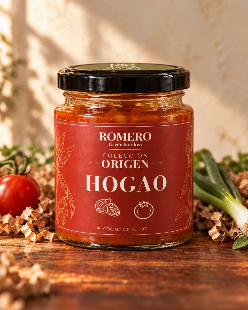 Frasco de Hogao, sofrito de tomate y cebolla, con etiqueta roja de Romero Colección Origen y tapa negra, junto a un tomate y una cebolla china.