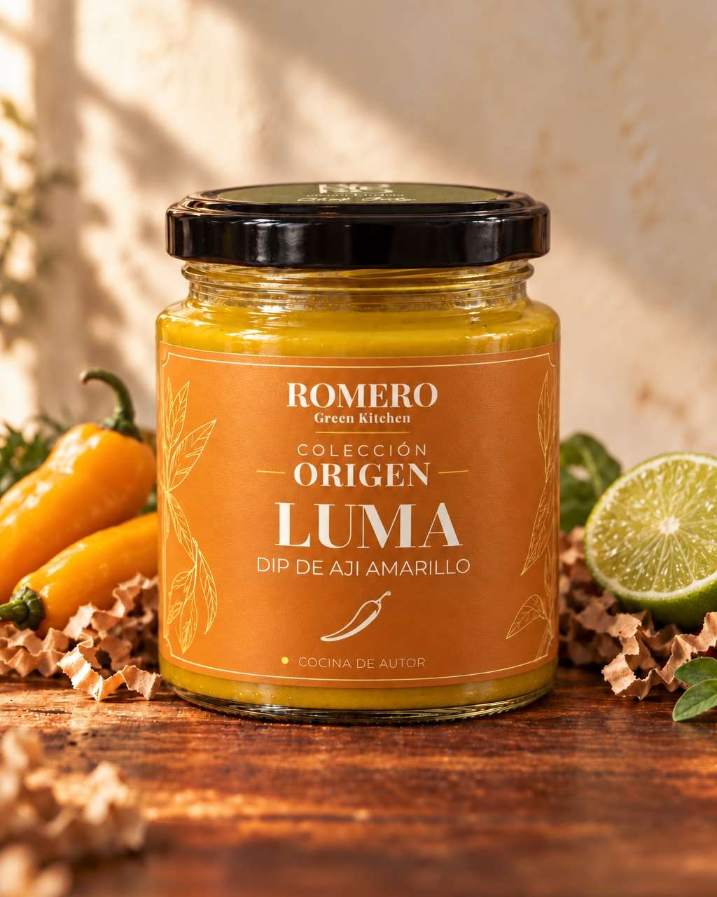 Frasco de Luma, dip de ají amarillo, con etiqueta naranja de Romero Colección Origen y tapa negra, junto a dos ajíes amarillos y media lima.