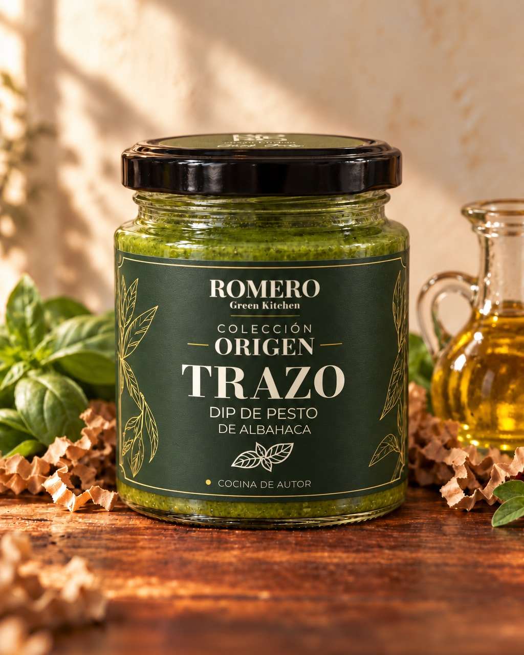 Frasco de Trazo, dip de pesto de albahaca, con etiqueta verde de Romero Colección Origen y tapa negra, junto a hojas de albahaca y una aceitera.
