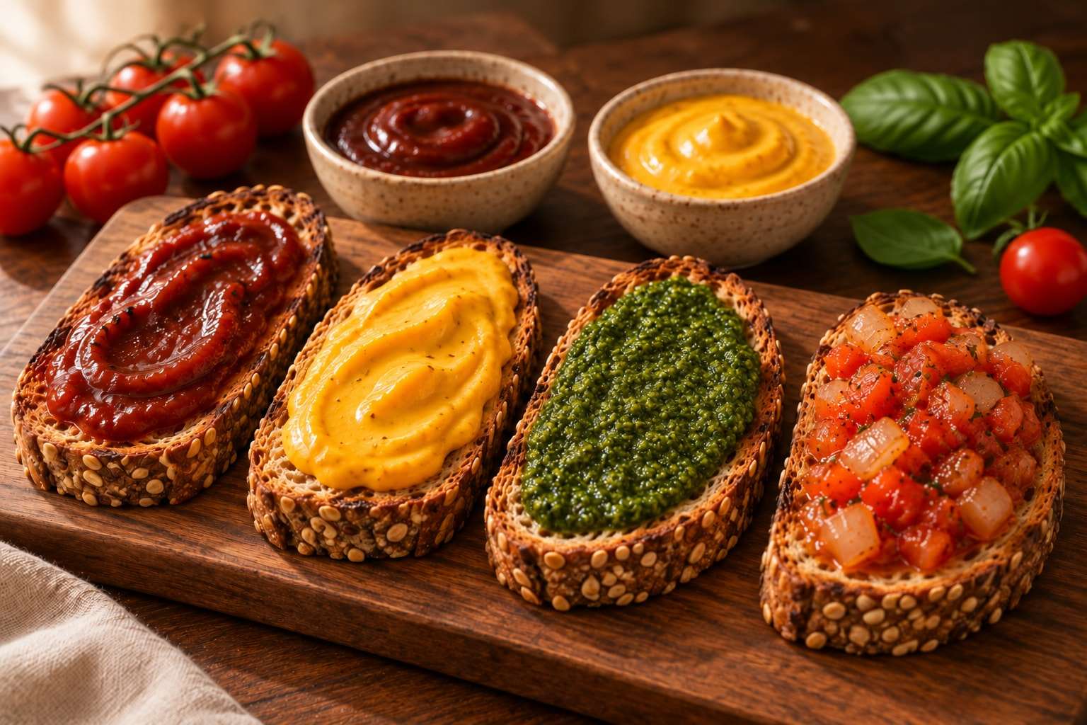 Cuatro tostadas de pan con semillas untadas con Nina, Luma, Trazo y Hogao, sobre una tabla de madera.